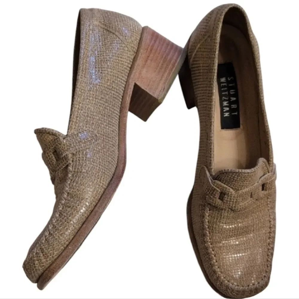 Stuart Weitzman Beige Tan Leather Wooden Heel Loafers Size 7.5